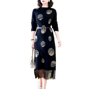 长款毛衣裙春秋韩版打底2025年新款过膝长袖气质蕾丝女人味裙子