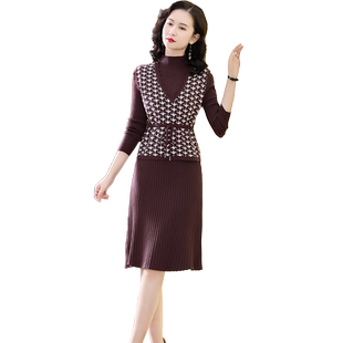 春天连衣裙假两件套装中年妈妈春装洋气2025新款系带收腰显瘦裙子