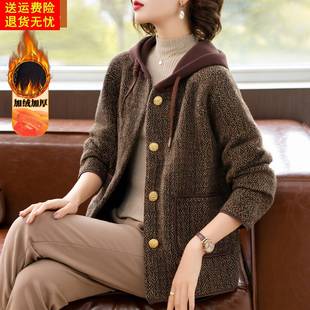 妈妈休闲连帽短款外套中年女装秋冬装45岁55中老年加绒加厚上衣服