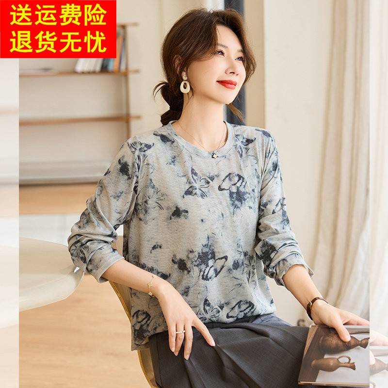 洋气妈妈秋装花色打底小衫中年女装长袖T恤中老年春秋圆领上衣服