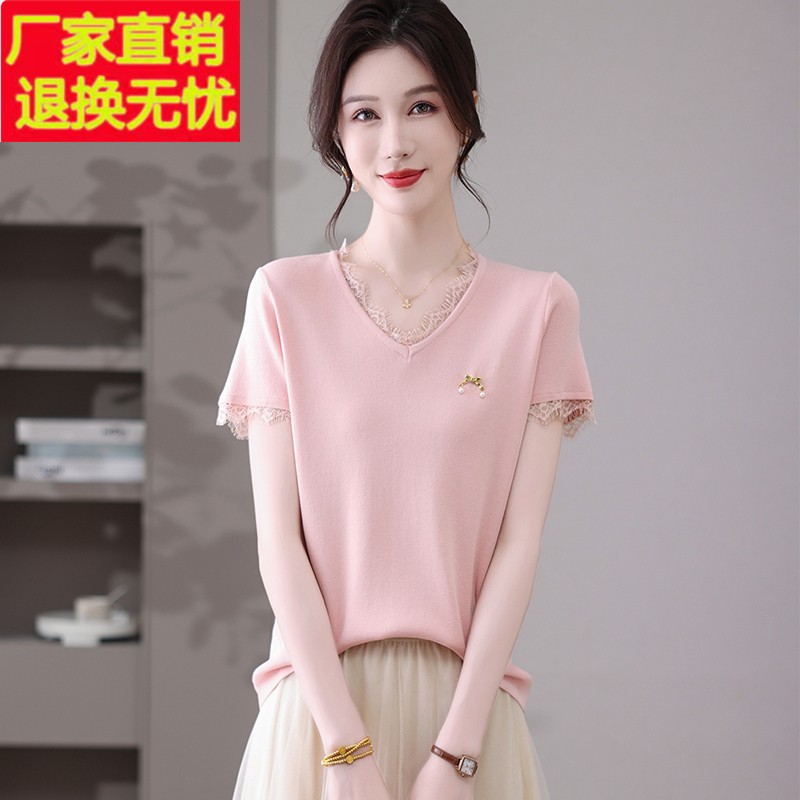 时尚新款短袖针织衫女夏季V领蕾丝拼接t恤打底衫上衣短款宽松洋气