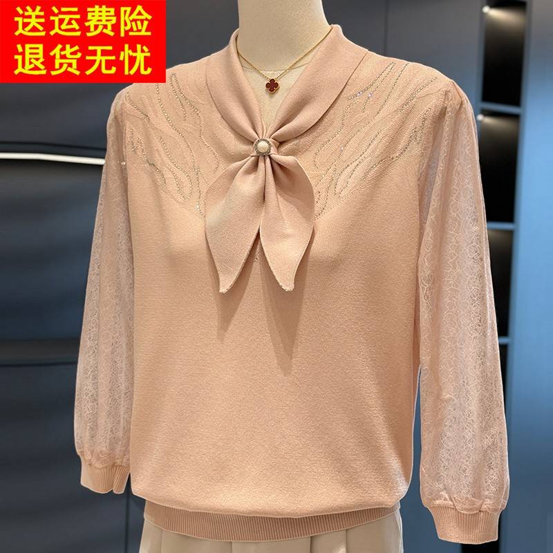 时尚洋气妈妈装雪纺拼接针织衫女春装新款上衣气质百搭中老年小衫