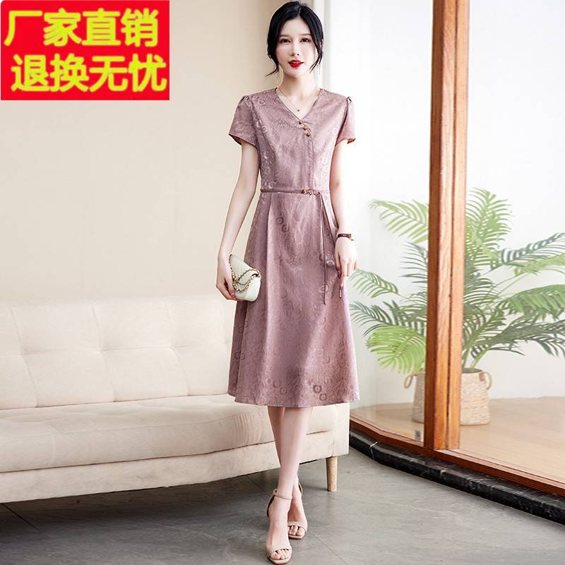 妈妈夏装真丝连衣裙洋气2025新款中老年女装小个子显瘦桑蚕丝裙子