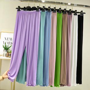 莫代尔休闲裤女夏季宽松薄款居家高腰直筒花边睡裤外穿大码阔腿裤