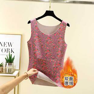 双面德绒带兜保暖背心冬季 坎肩 碎花护肚打底上衣内穿防寒加绒无袖