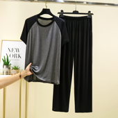 拼接夏季 短袖 空调睡衣 宽松圆领T恤长裤 男款 男士 莫代尔家居服大码