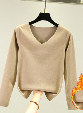 双面德绒保暖上衣秋冬V领加绒打底衫女大码加厚贴身内穿长袖秋衣