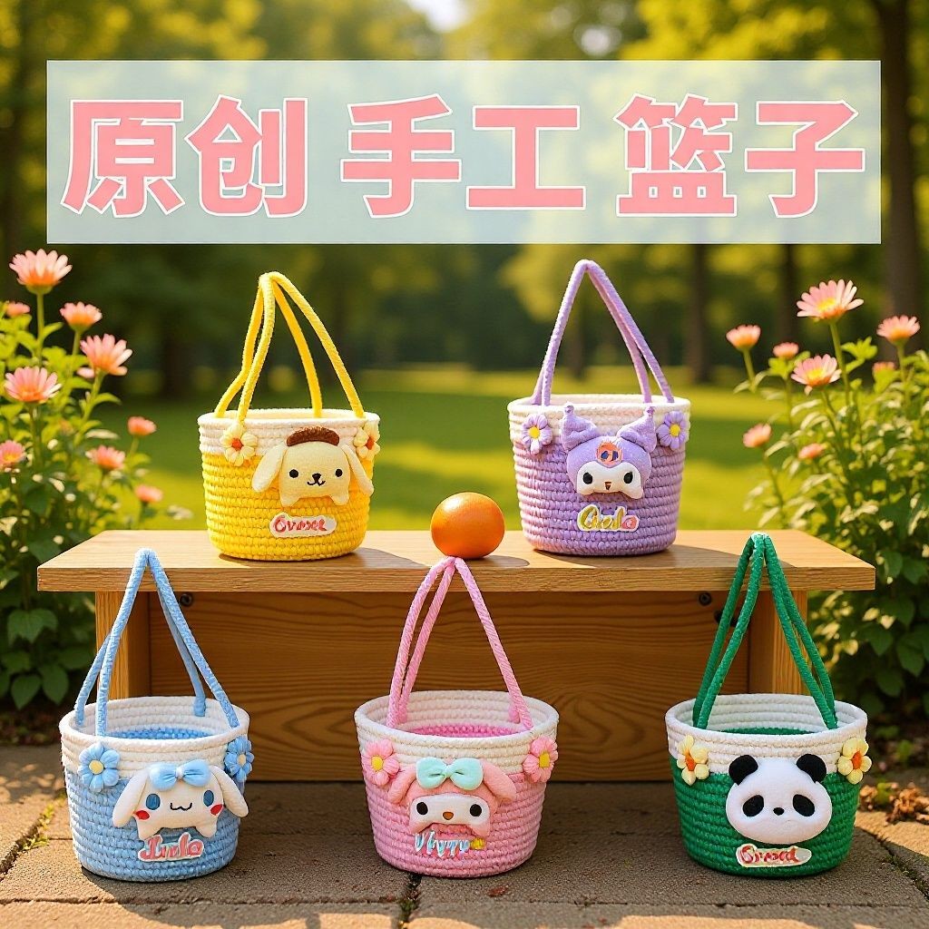 原创手工编制篮时尚卡通高颜值手提篮花篮外出游玩采摘收纳小篮子