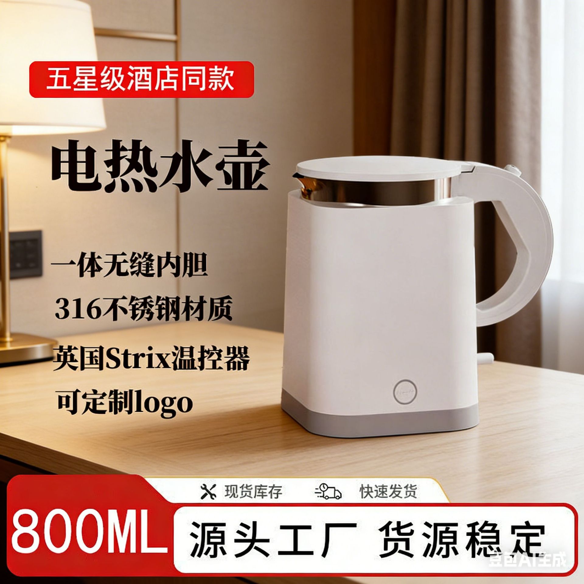 新品科瑞德酒店客房用电热水壶316不锈钢食品级便携烧水壶速热