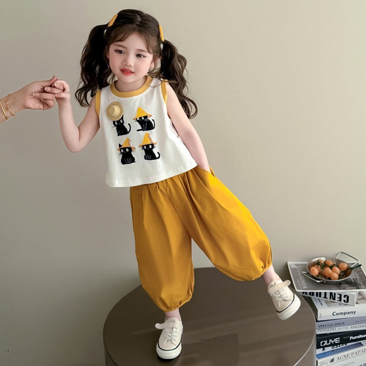 女童夏季套装2025新款洋气无袖套装儿童夏款女宝宝背心薄款两件套