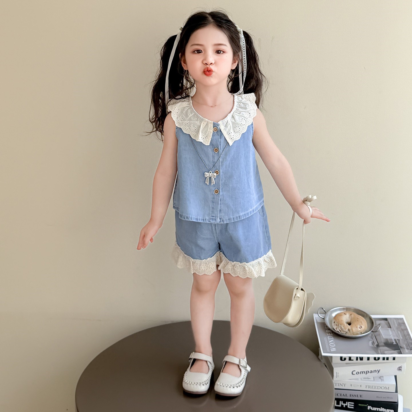 女童花边牛仔短裤套装夏季2025新款女宝宝薄款无袖背心休闲两件套