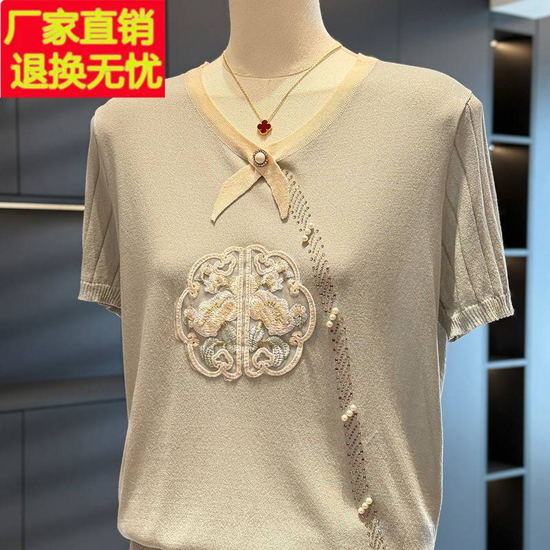 中国风妈妈装针织衫女短袖2025夏装新款上衣气质百搭中老年T恤衫
