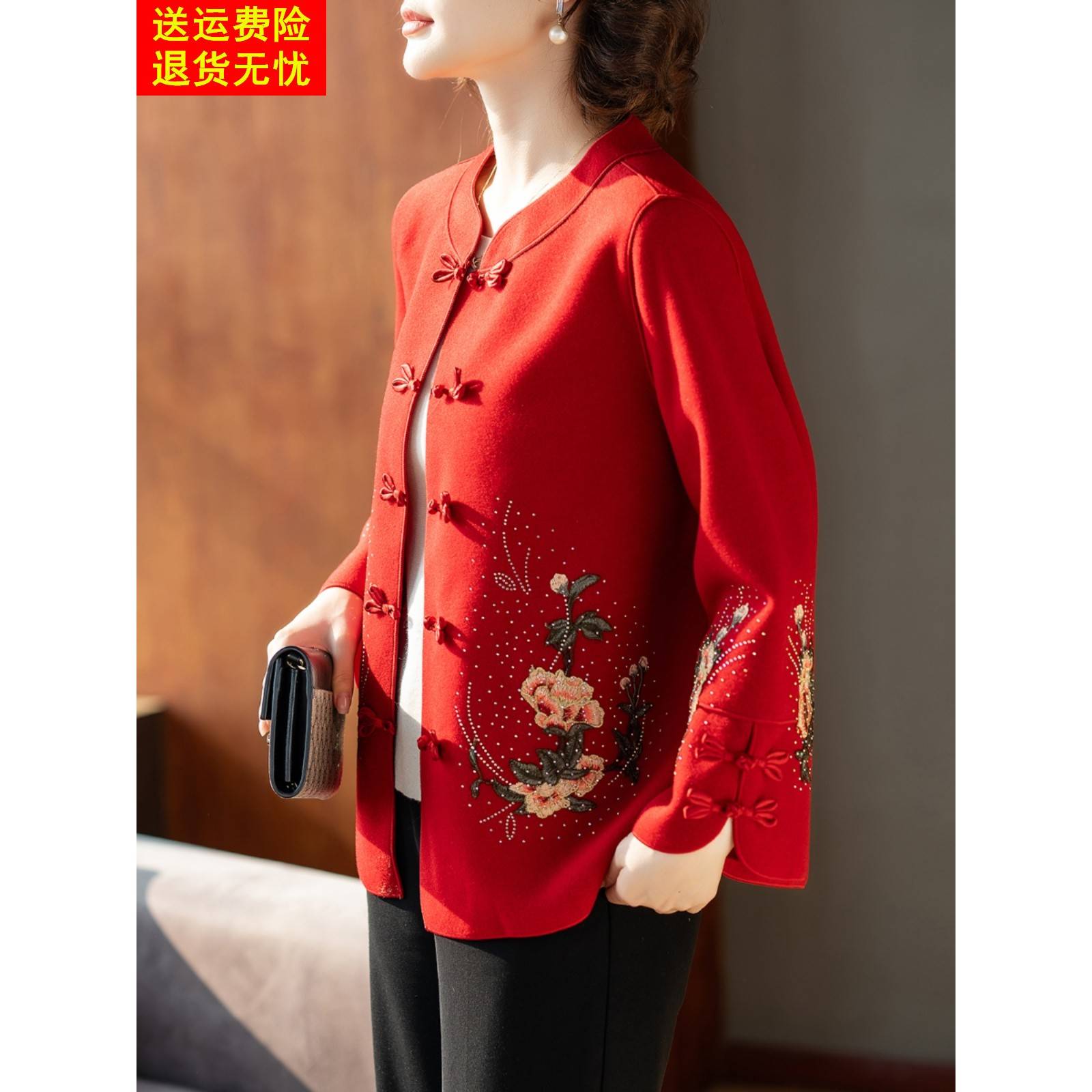 洋气妈妈冬装外套本命年红色唐装喜婆婆礼服中老年人女春秋上衣服