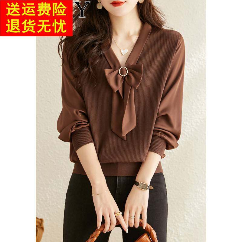 2026早春新款V领短款气质打底针织衫轻熟风长袖拼接假两件上衣女