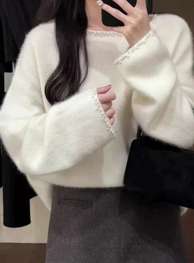 艺术生白色钉珠重工套头毛衣女秋冬奶fufu软糯慵懒小香风内搭上衣