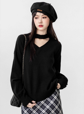 2025秋冬新款黑色v领毛衣女春秋内搭长袖打底衫外穿挂脖针织上衣