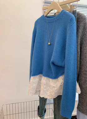 2025新款蓝色假两件蕾丝拼接宽松外穿套头毛衣女秋冬慵懒风高级感
