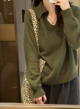极简风绿色大翻领套头毛衣女2025年秋冬新款高级感宽松显瘦针织衫