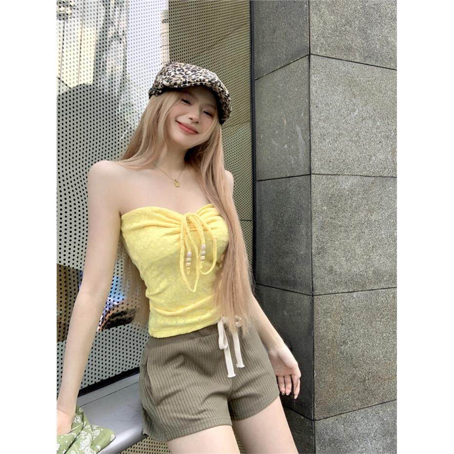 性感辣妹绑带抹胸背心女夏季修身显瘦黄色无肩带裹胸短款上衣外穿