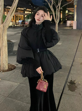韩系黑色灯笼袖收腰棉服女冬季2025新款富家千金时尚高级感外套