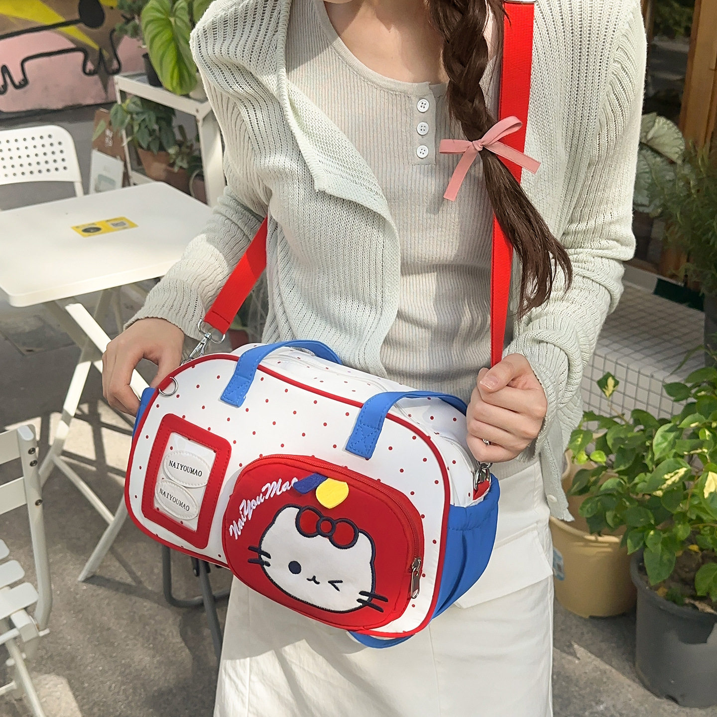 卡通猫咪手提斜挎包红白格波点小包少女清新百搭休闲女士单肩包