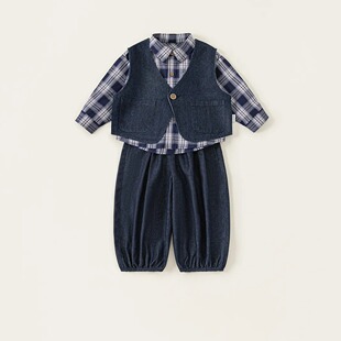 童装男童套装格子衬衫牛仔马甲牛仔裤女童三件套时髦