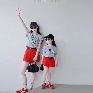 卡通t恤配红色短裤 亲子装 送皮带 童套装 跨境童装 夏季 母女装
