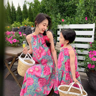 夏季 亲子装 母女装 波西米亚风度假大花裙韩系花朵吊带裙