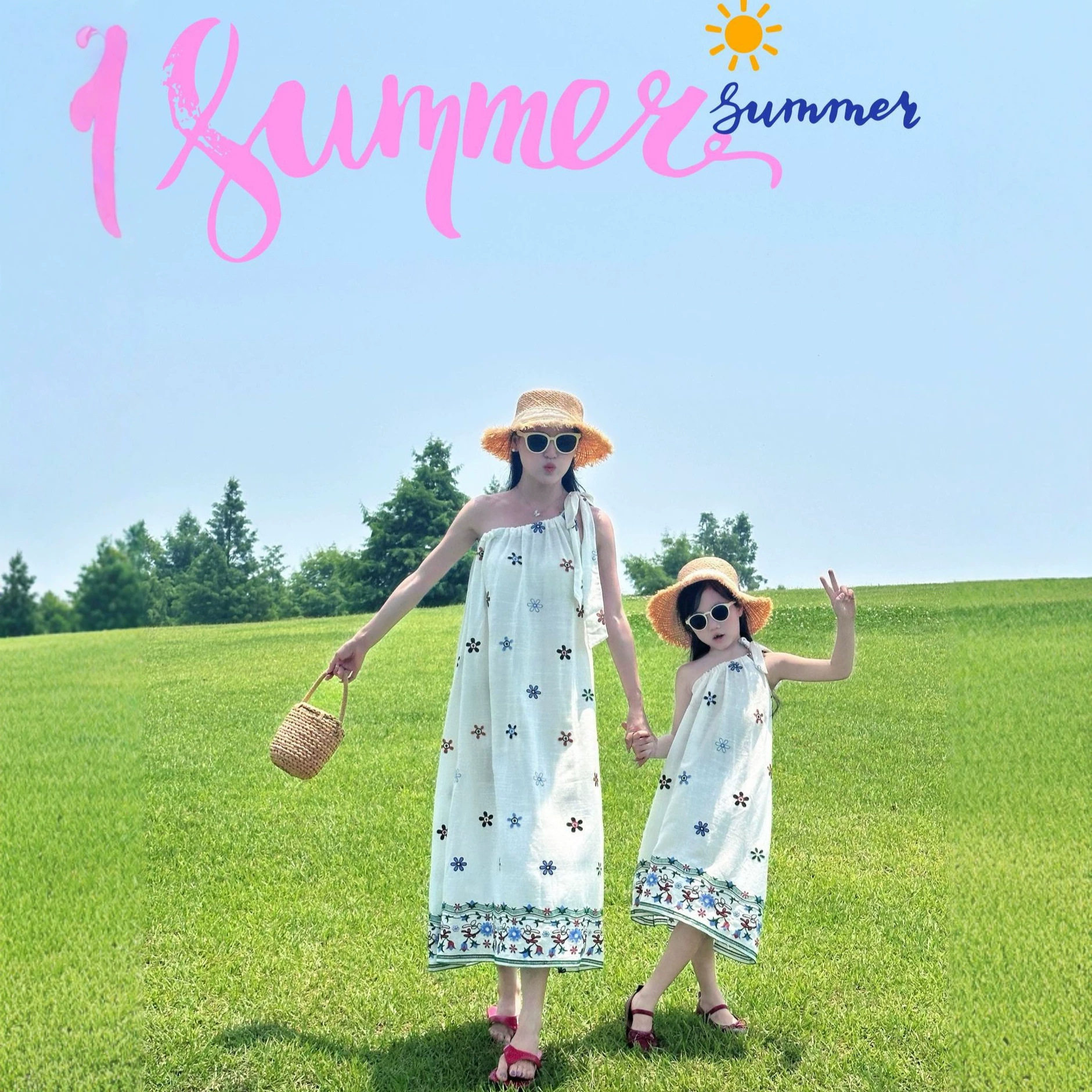 亲子装夏季母女装度假风连衣裙高端刺绣女童裙子花朵碎花裙