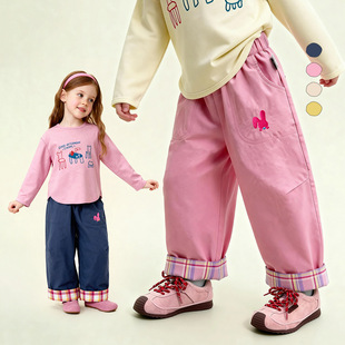 童装2026年春季新款儿童休闲裤卡通女童格纹翻边宽松百搭裤子