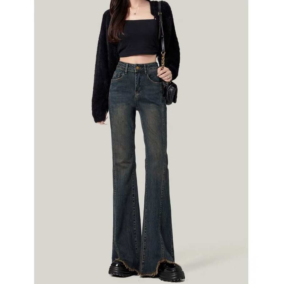 2025春季水泥灰微喇开叉牛仔裤女大码胖MM200斤2025高腰喇叭长裤