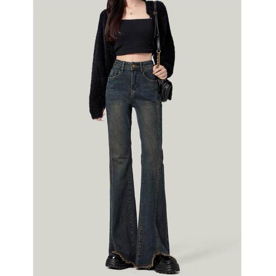 2025春季水泥灰微喇开叉牛仔裤女大码胖MM200斤2025高腰喇叭长裤