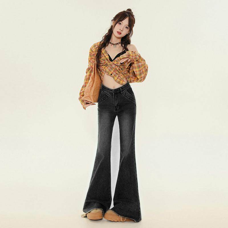 2025年春秋新款修身喇叭裤女显瘦时尚弹力高腰牛仔裤女微喇长裤子