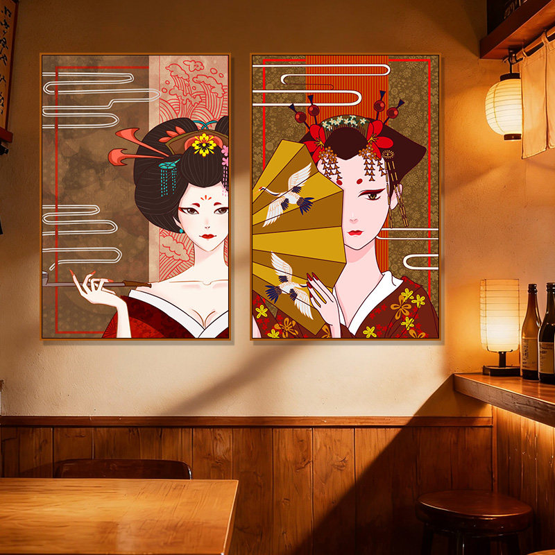 日式挂画和风日本寿司料理店墙面仕女图壁画浮世绘仙鹤锦鲤装饰画