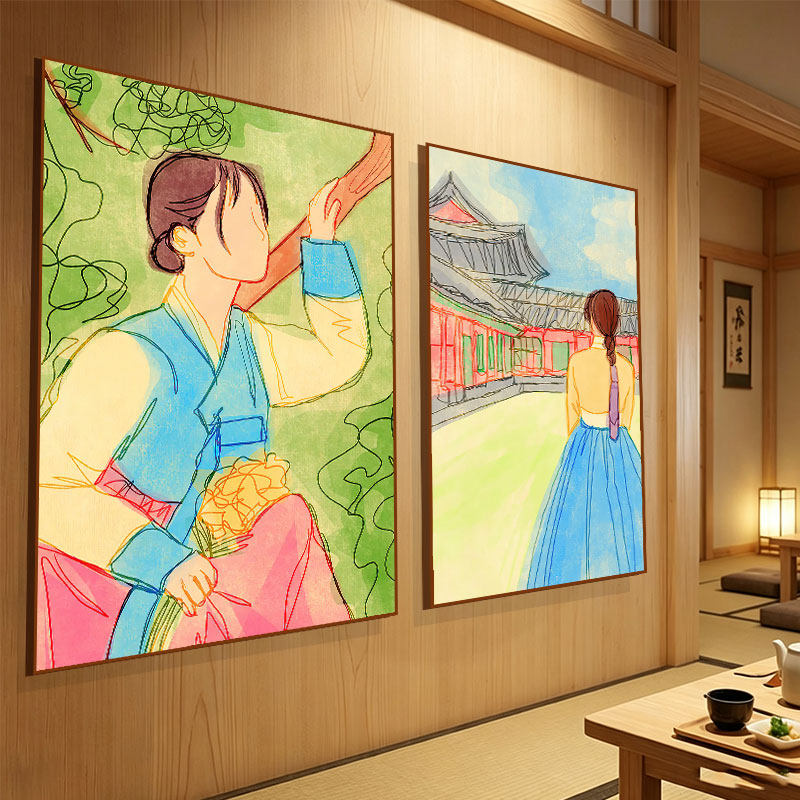 韩国餐厅装饰画韩式烤肉店料理店饭店海报复古朝鲜民族人物挂画