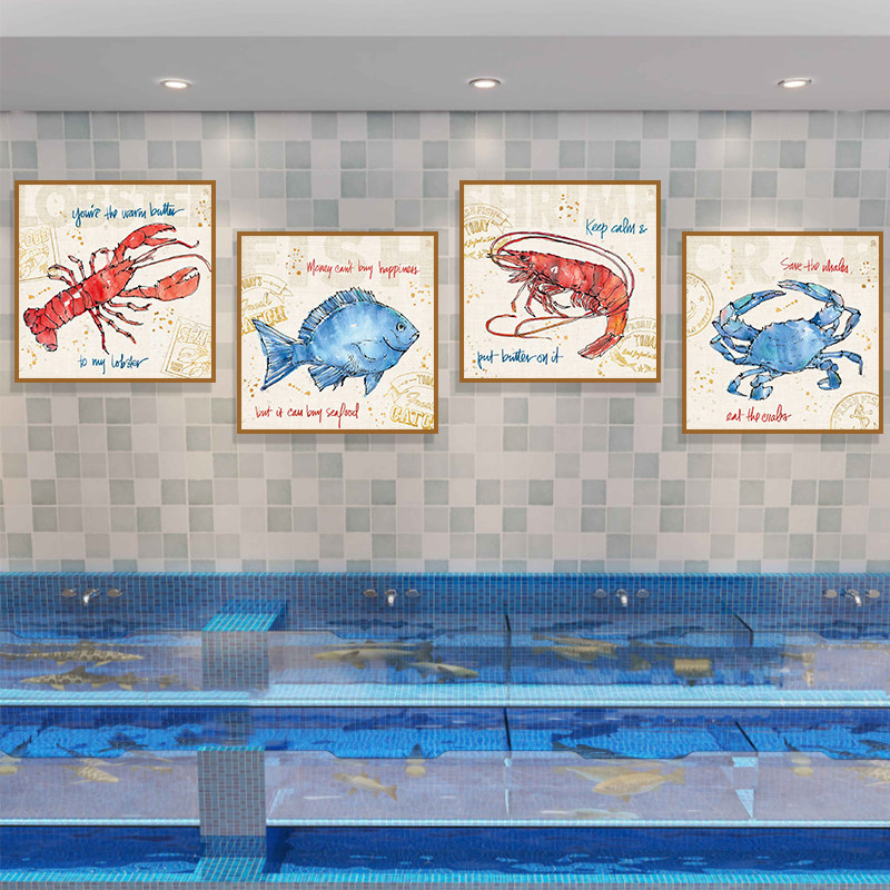 海鲜店墙面装饰画水产刺身日式料理店餐厅挂画鱼龙虾蟹壁画地中海