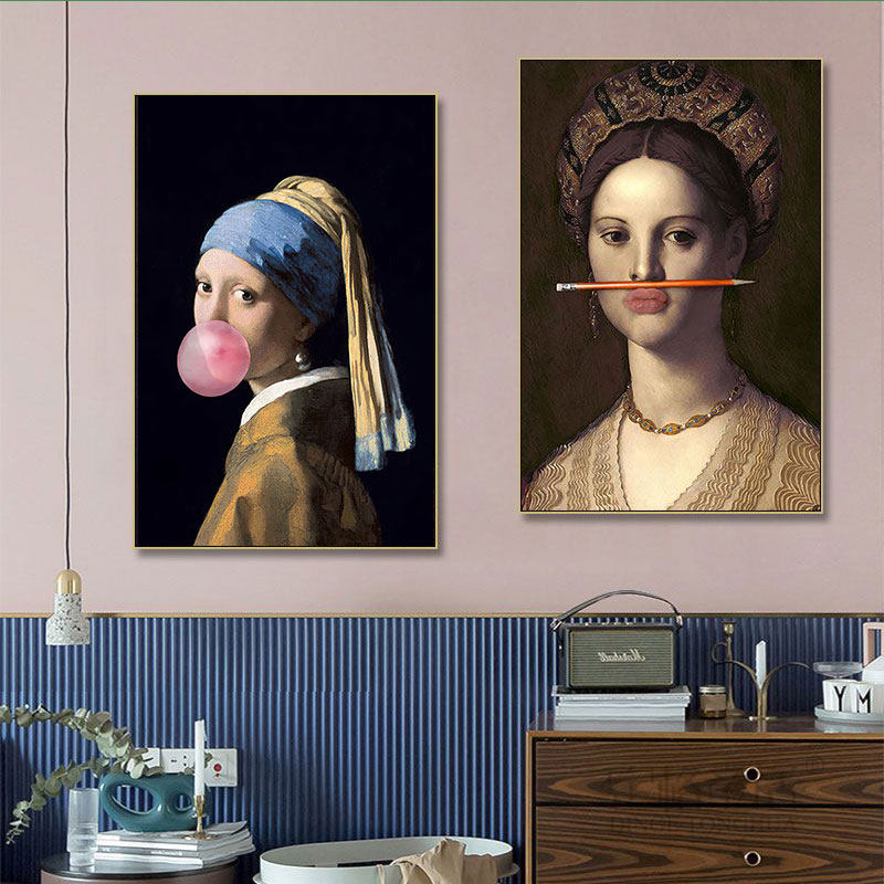 恶搞世界名画装饰画客餐厅蒙娜丽莎挂画戴珍珠耳环的女孩艺术壁画