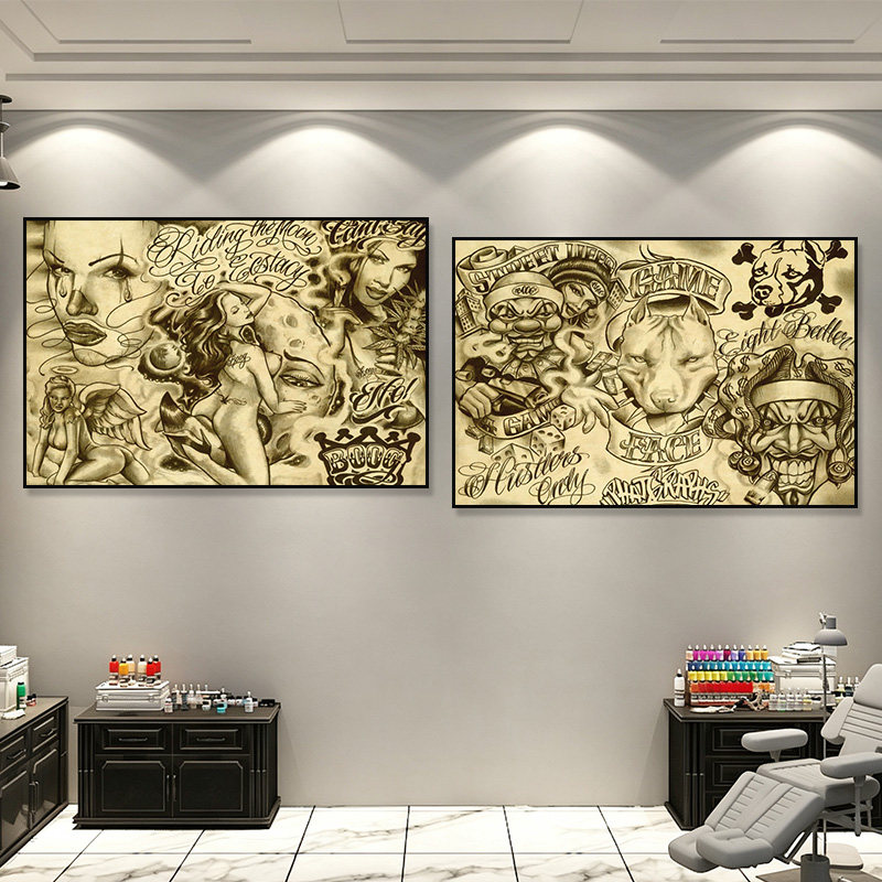 纹身店装饰画传统刺青西海岸奇卡诺风格挂画复古牛皮纸风格壁画