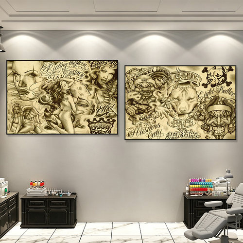 纹身店装饰画传统刺青西海岸奇卡诺风格挂画复古牛皮纸风格壁画