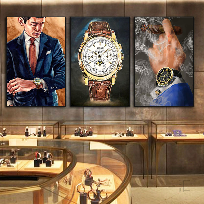 手表店装饰画名牌钟表店维修店寄卖行手绘风格挂画奢侈品寄卖行画
