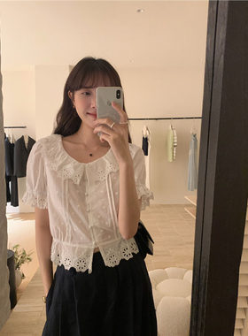I MISS法式高级感上衣2026夏季新款别致钩花泡泡袖花边圆领衬衫女