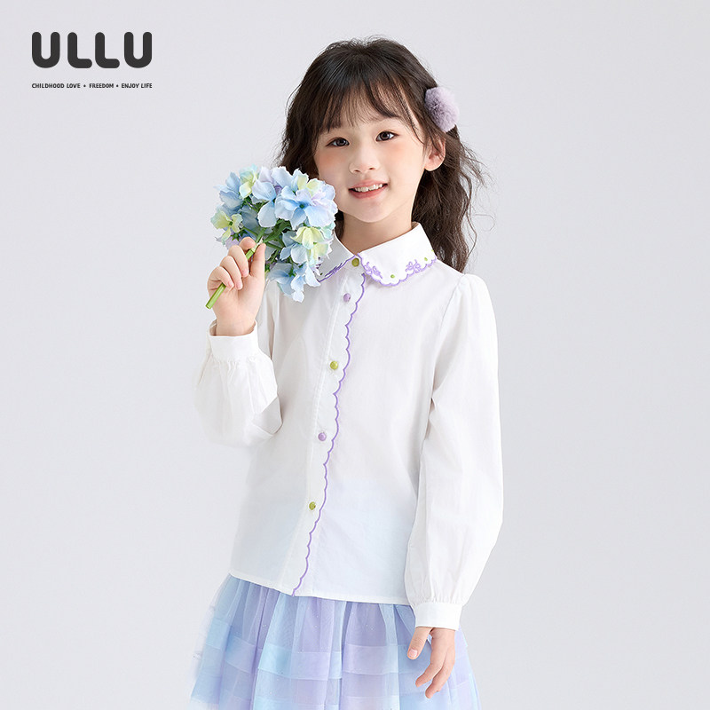 优露童装女童长袖衬衫ULLU25秋款天丝棉花边蝴蝶结绣花翻领白衬衫