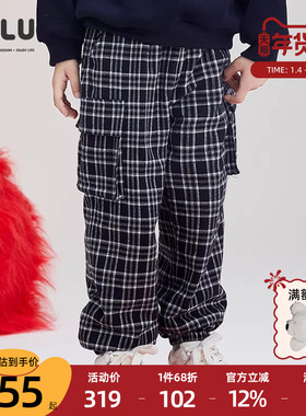 ULLU优露童装男童长裤24冬款潮酷大口袋双层加绒黑白格子裤长裤