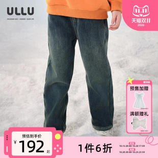 优露童装女童长裤ULLU25冬款潮雪花绣花复古加绒微锥形儿童牛仔裤