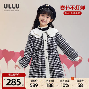 ULLU优露童装女童中长大衣24冬款双层花瓣翻领复古千鸟格大衣外套