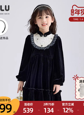优露童装女童长袖连衣裙ULLU冬新款木耳边绣花蕾丝复古丝绒连衣裙