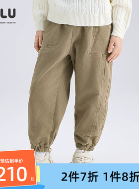优露童装男童长裤ULLU25冬款百搭保暖牛筋收口灰绿色双层加绒长裤