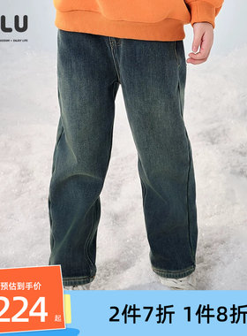 优露雪花绣花复古加绒锥形牛仔裤