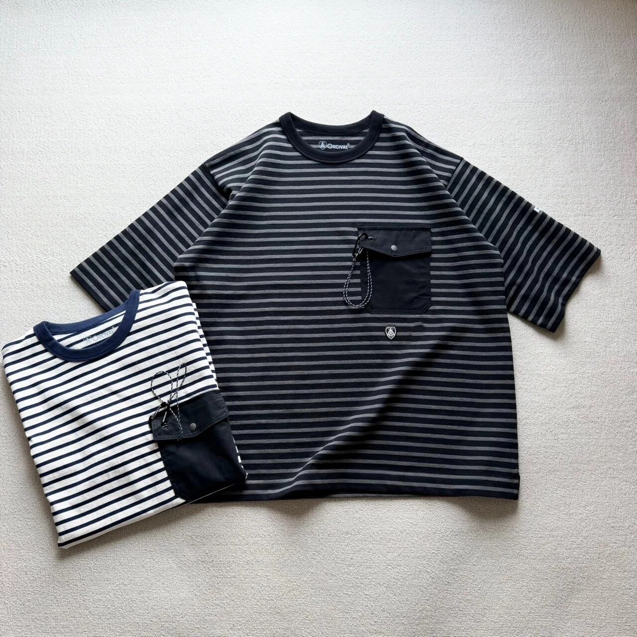 现货日系复古ADW 联名ORCIVAL重磅纯棉条纹刺绣口袋短袖T恤26SS