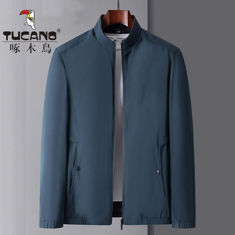 啄木鸟男春秋立领夹克上衣新款纯色商务休闲印花时尚柔软男装外套